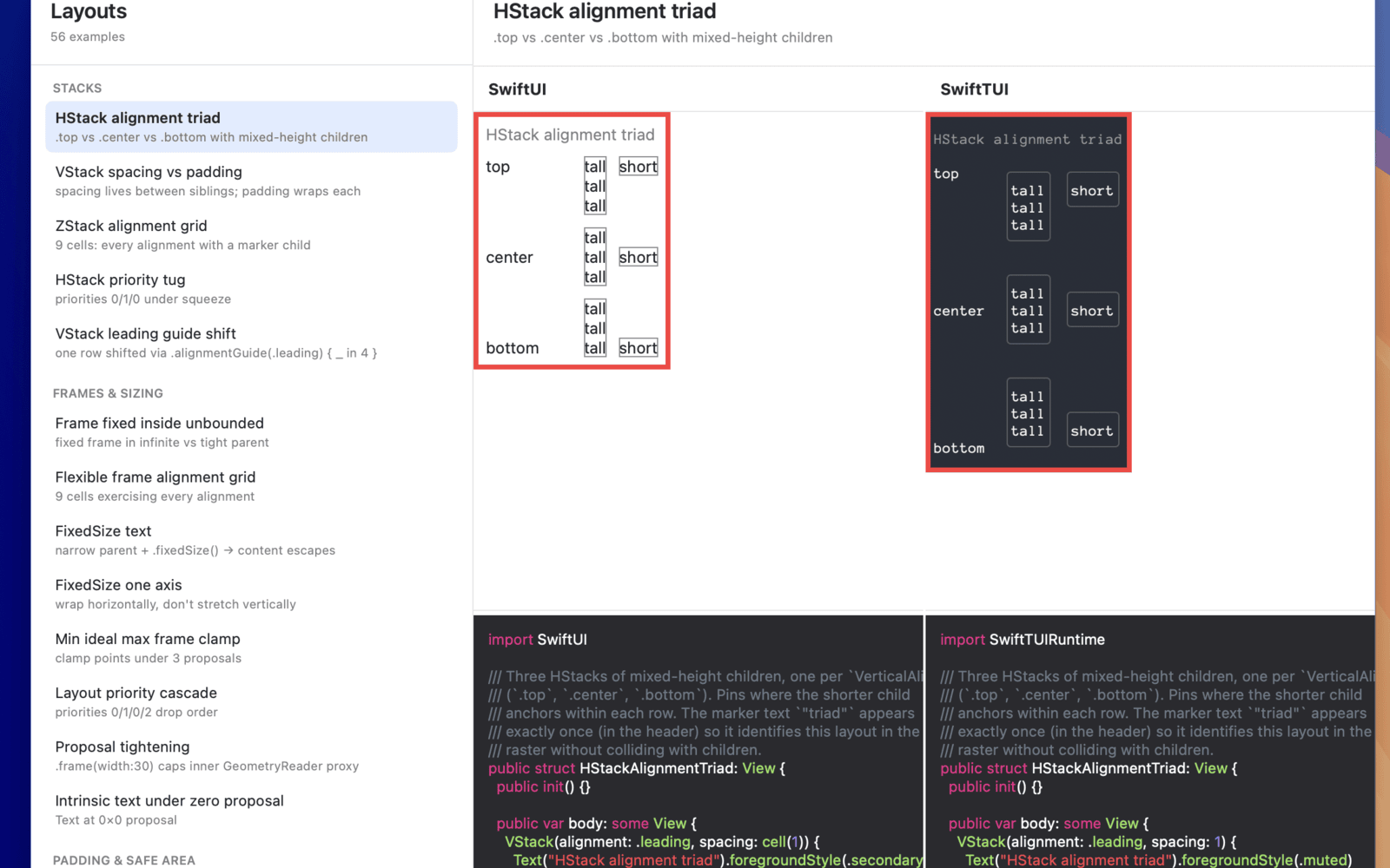 Layouts · side by side screenshot