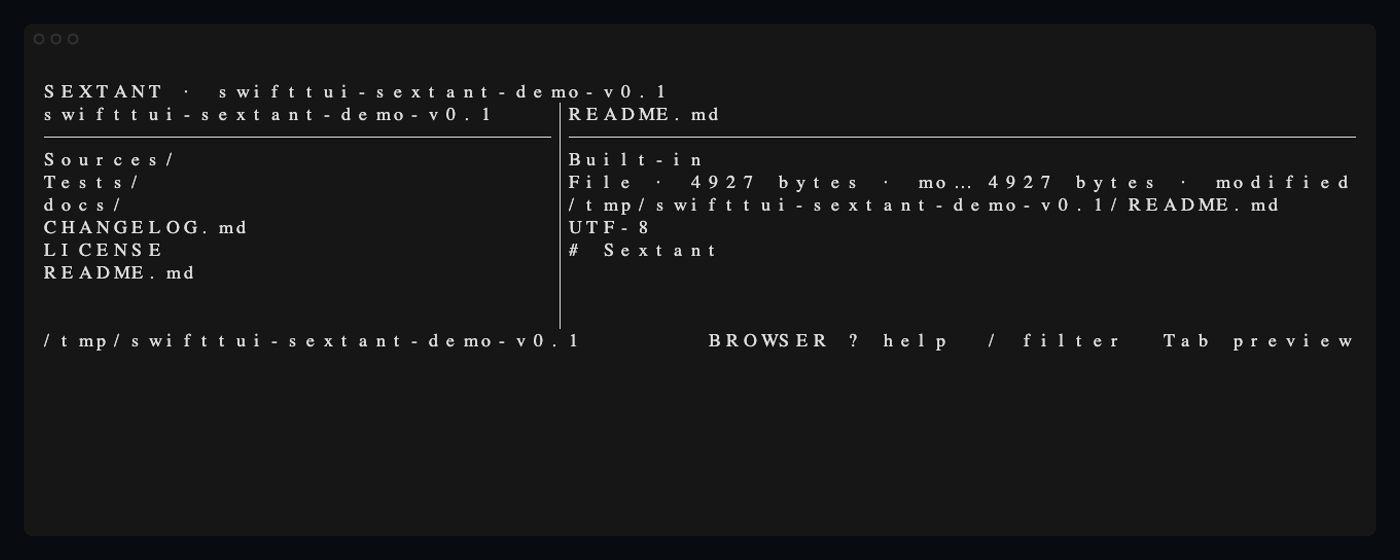 Sextant navigating a directory, focusing a preview, opening help, and using its command palette
